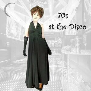 Black Formal Halter Gown, 70s Vintage Disco Era, VFG, Big Sweep